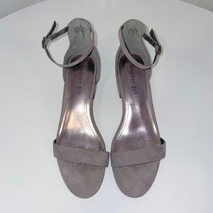 Grey suede Madden Girl block heel strappy sandals